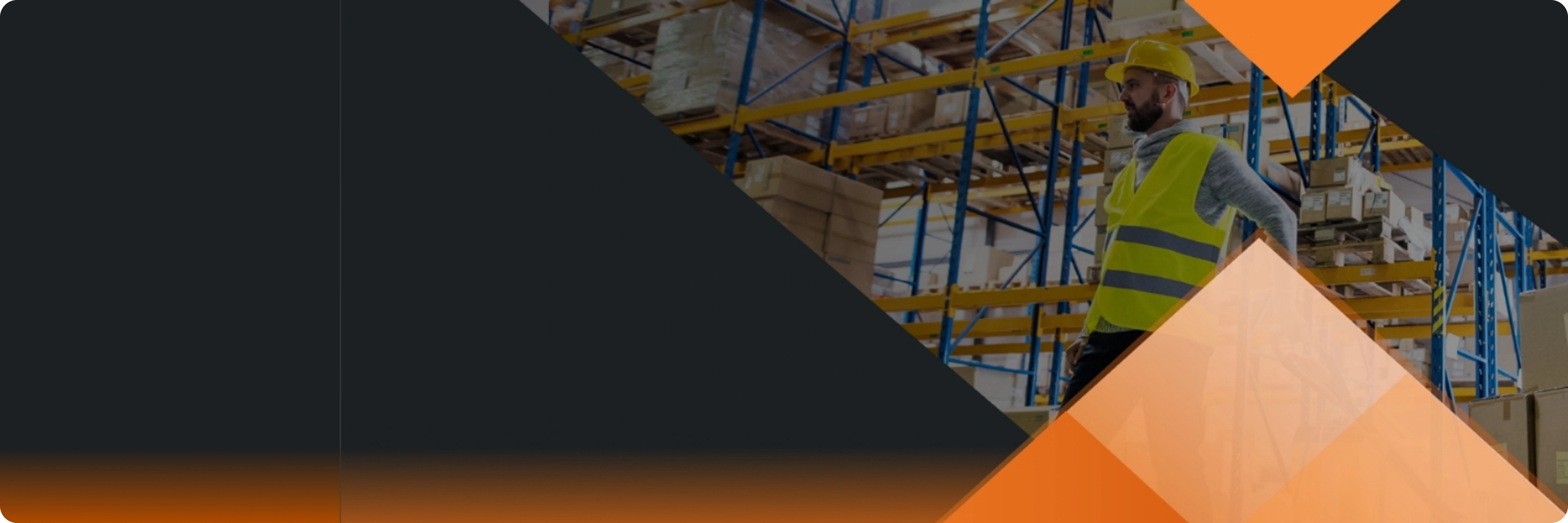 A construction worker in a yellow vest and helmet stands confidently in a warehouse with tall blue and yellow shelving, overlaid with geometric shapes.